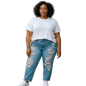 Forever 21 Distressed Faded Blue Denim Ripped Torn Up High Rise Skinny Jeans